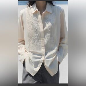ZARA ECRU OVERSIZED EMBROIDERED BEADED FLORAL PLEATED POPLIN LONG SHIRT BLOUSE